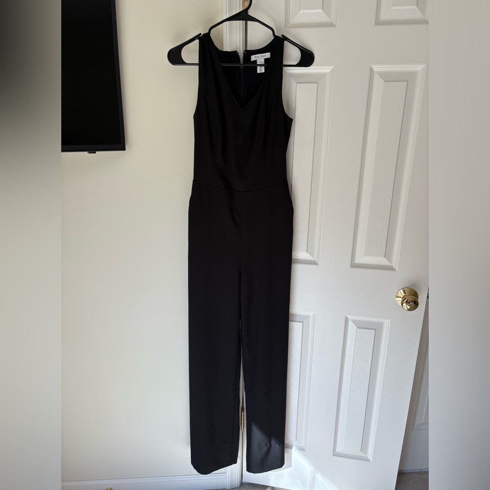 White House Black Market Black Jumpsuit – Size 6, V-Neck with Waist Tie, Worn On